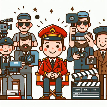Cartoon police officers and movie clapper board. Vector illustration.のイラスト素材