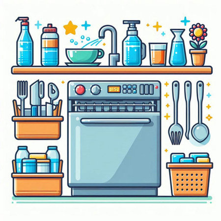 Kitchen equipment on shelves. Vector illustration in flat cartoon style.のイラスト素材