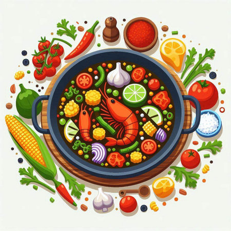 Seafood soup in a frying pan with vegetables. Vector illustration.のイラスト素材