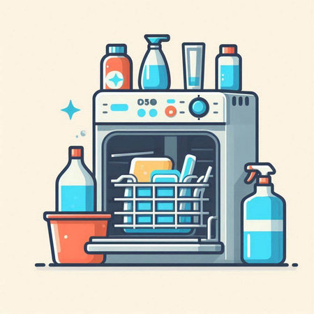 Dishwasher with cleaning products and detergents, flat vector illustration.のイラスト素材
