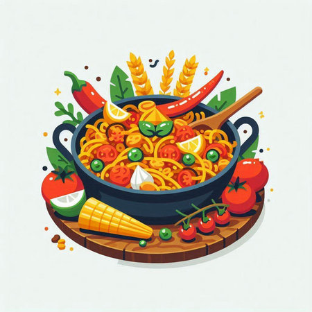 Spaghetti in a frying pan with vegetables and spices. Vector illustration.のイラスト素材