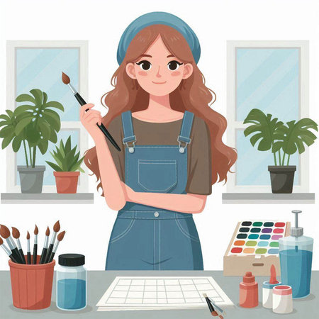 Vector illustration of a young woman artist working at her workplace in the officeのイラスト素材