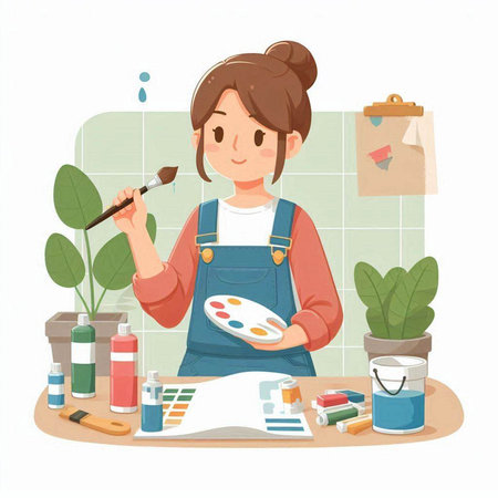 Illustration of a young woman painting in the bathroom. Vector illustration.のイラスト素材