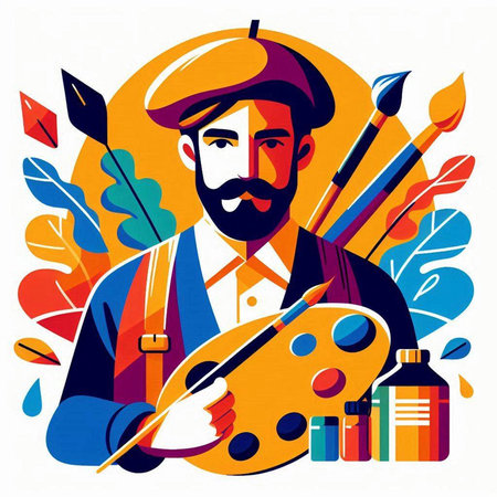 Painter with palette and brushes, vector illustration in flat style.のイラスト素材
