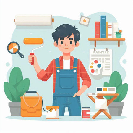 Painter man with paint roller and tools. Vector flat cartoon illustrationのイラスト素材