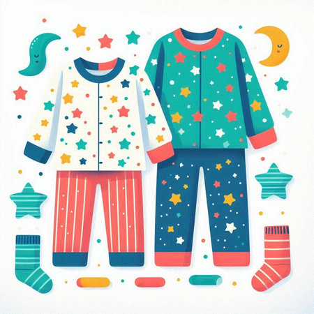 Vector illustration of children's pajamas in flat style. Colorful clothes for the baby.のイラスト素材