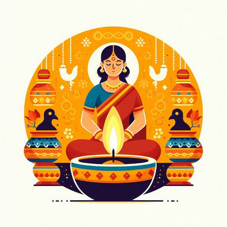 Vector illustration of happy smiling Indian woman sitting in lotus position with diwali diya on background.のイラスト素材