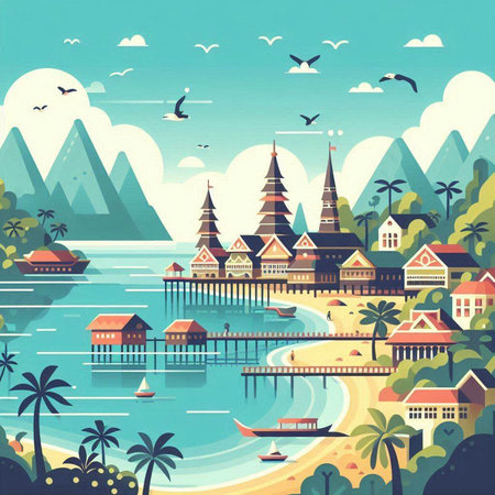 Thai temples on the sea, vector illustration in flat style.のイラスト素材