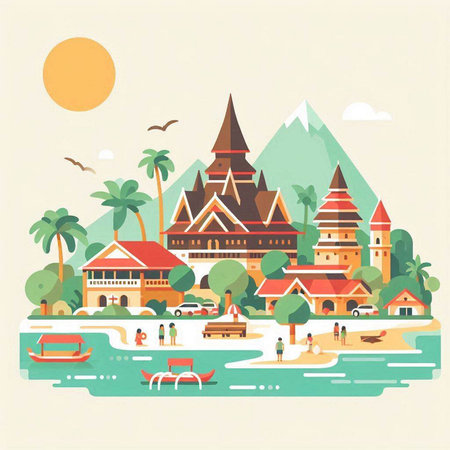 Thailand travel concept. Vector illustration in flat design style. Landscape with ancient temples, palm trees, boats and people.のイラスト素材
