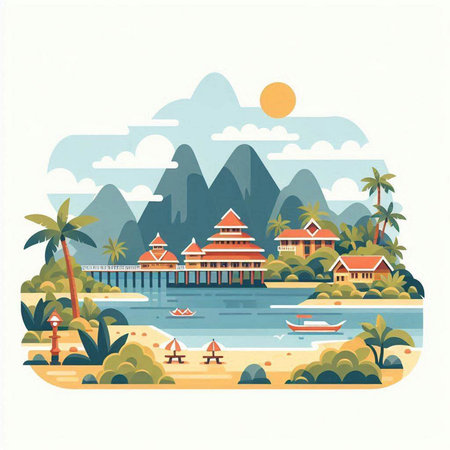 Vector illustration of tropical beach in flat style. Landscape with palm trees, mountains, boats and bungalows.のイラスト素材