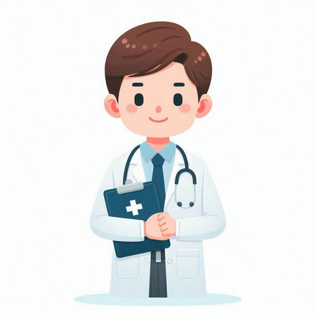 Male doctor with stethoscope and first aid kit. Vector illustration.のイラスト素材