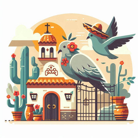 Cinco de mayo vector illustration. Traditional mexican house with cacti and pigeonsのイラスト素材