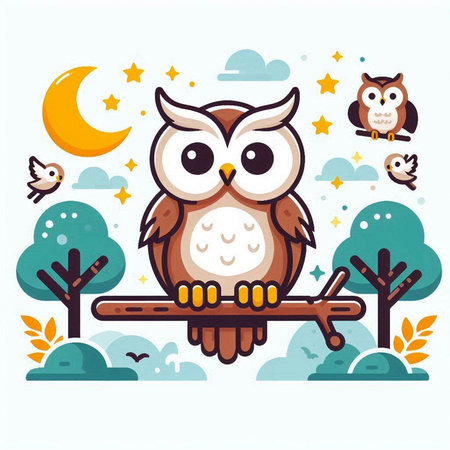 Owl on a tree branch. Vector illustration in cartoon style.のイラスト素材