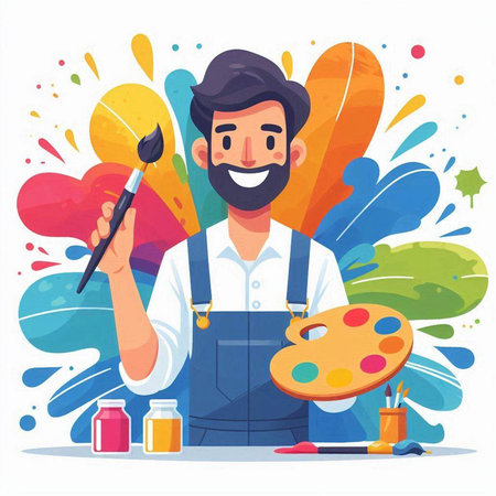 Artist man cartoon character with paint palette and brushes vector illustration. Painter, painter, artist, painter, artist, artist, creative profession conceptのイラスト素材