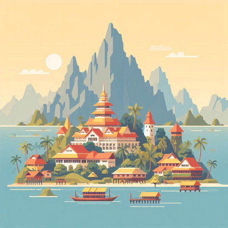 Tropical island in the sea. Vector illustration in retro styleのイラスト素材