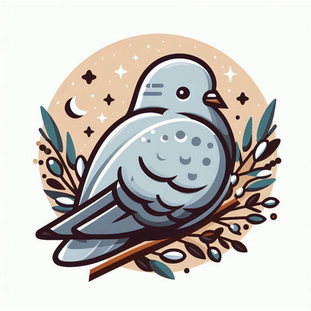 Vector illustration of a dove on a branch with leaves and stars.のイラスト素材