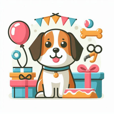 Cute cartoon dog with birthday cake, balloons and gifts. Vector illustration.のイラスト素材