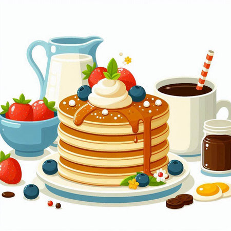 Illustration of a stack of pancakes with strawberries, blueberries and chocolate on a white backgroundのイラスト素材