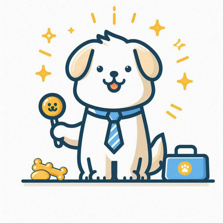 Cute cartoon labrador retriever dog in tie with bone and foodのイラスト素材