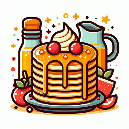 Pancakes with cream and berries. Vector illustration in cartoon style.のイラスト素材