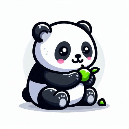 Cute cartoon panda sitting with a green apple. Vector illustration.のイラスト素材