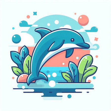 Cute dolphin jumping in the sea. Vector illustration in flat style.のイラスト素材