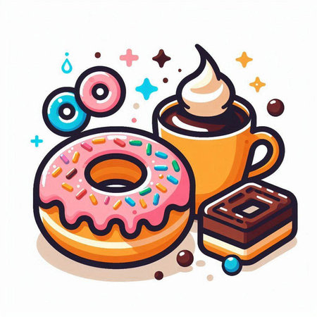Cup of coffee with donut and chocolate, vector illustration.のイラスト素材