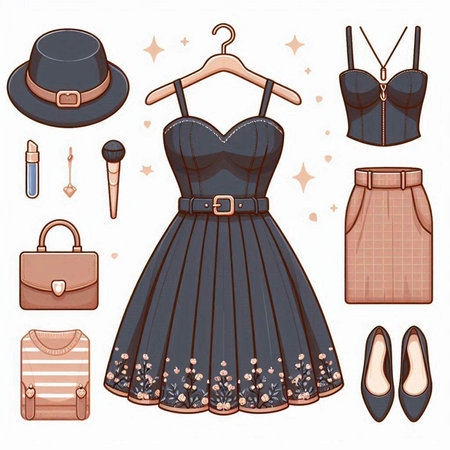 Fashionable clothes and accessories set. Vector illustration in cartoon style.のイラスト素材