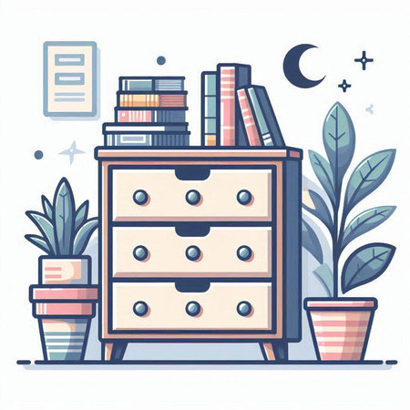 Cabinet with books and plants. Vector illustration in flat styleのイラスト素材