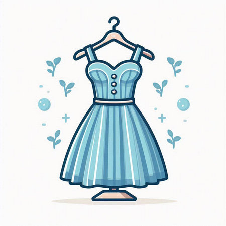 Blue dress on a hanger on a white background. Vector illustration.のイラスト素材