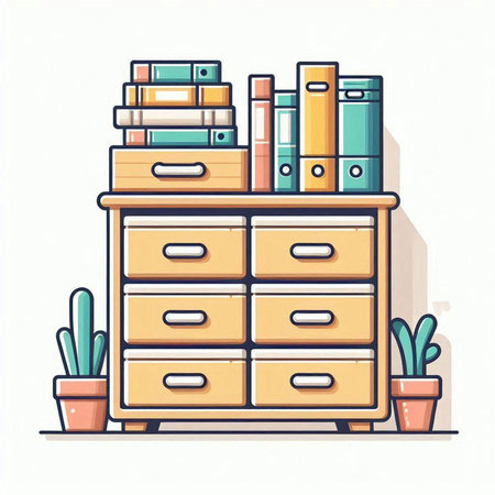 Drawer with books and plants. Flat design. Vector illustration.のイラスト素材