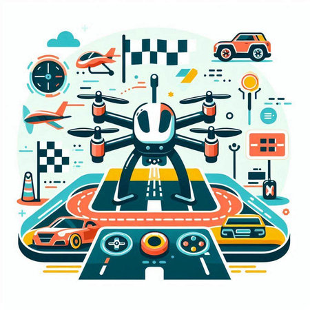 Drone flying on the road. Vector illustration in flat style.のイラスト素材