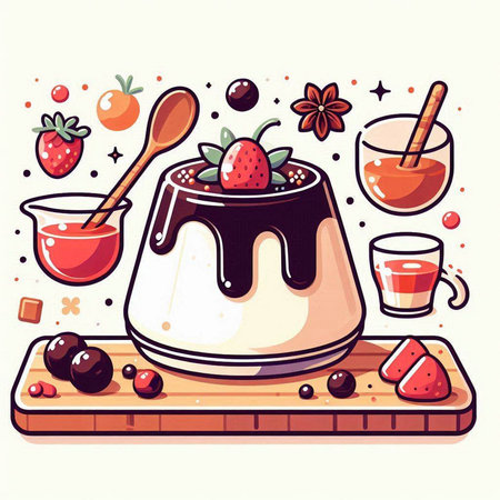 Chocolate pudding with berries. Vector illustration in flat cartoon style.のイラスト素材