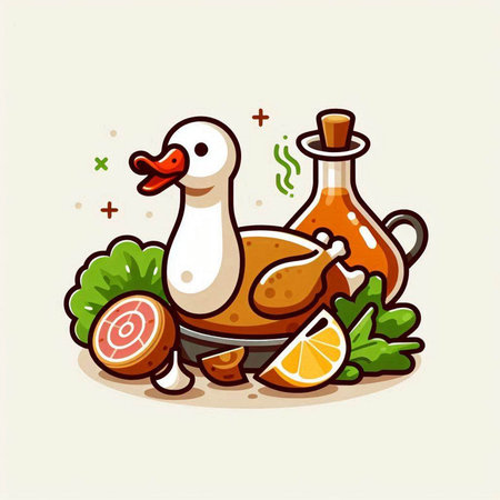Vector illustration of roasted duck with ingredients for cooking on white background.のイラスト素材