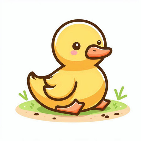 Cute yellow rubber duck sitting on the ground. Vector illustration.のイラスト素材