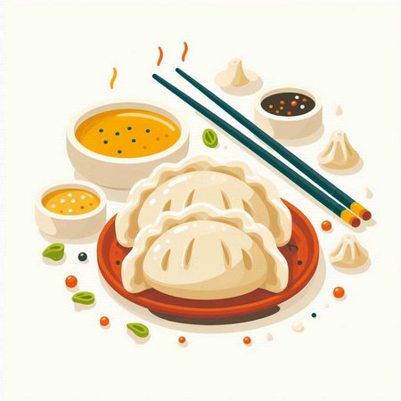 Vector illustration of dumplings on a plate with chopsticks.のイラスト素材