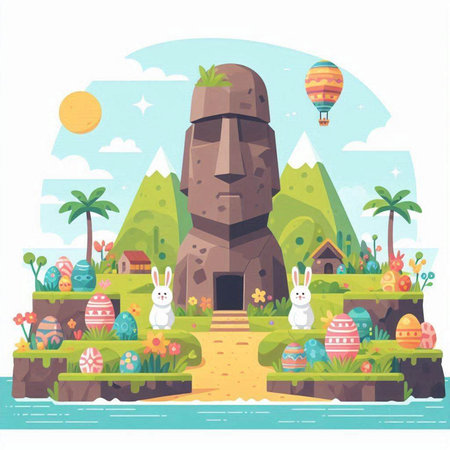 Easter landscape with eggs and bunny. Spring holiday vector illustration.のイラスト素材