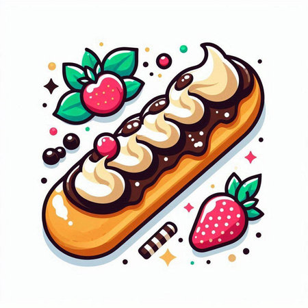 Chocolate eclair with whipped cream and strawberries. Vector illustration.のイラスト素材