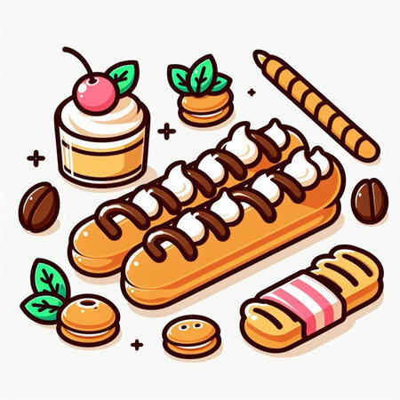 Vector illustration of a set of bakery products. Pastry, cakes, macaroons, muffins.のイラスト素材