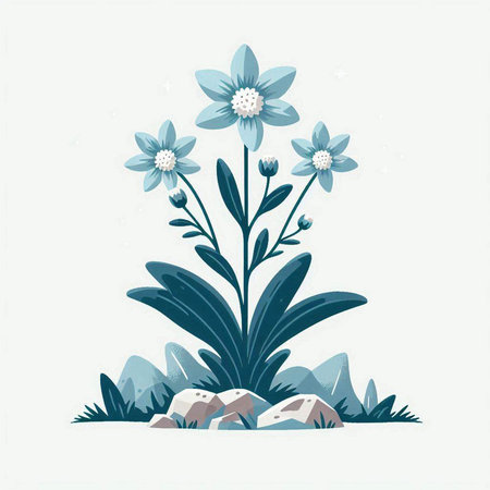 Vector illustration of a blue flower with grass and stones on a white backgroundのイラスト素材
