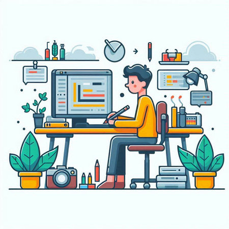Vector illustration of a woman working at home. Work from home concept.のイラスト素材