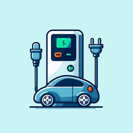 Electric car charging station. Electric vehicle charging station. Vector illustration.のイラスト素材
