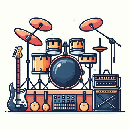 Drum set on stage. Vector illustration in flat cartoon style.のイラスト素材