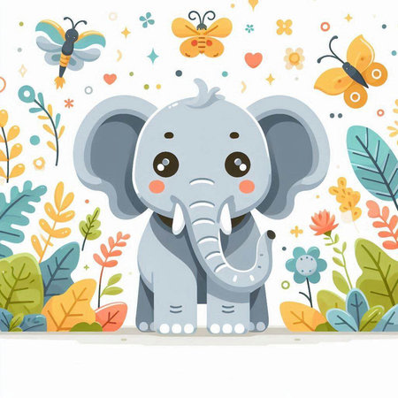 Cute baby elephant with butterfly and butterflies on the background of nature. Vector illustration.のイラスト素材