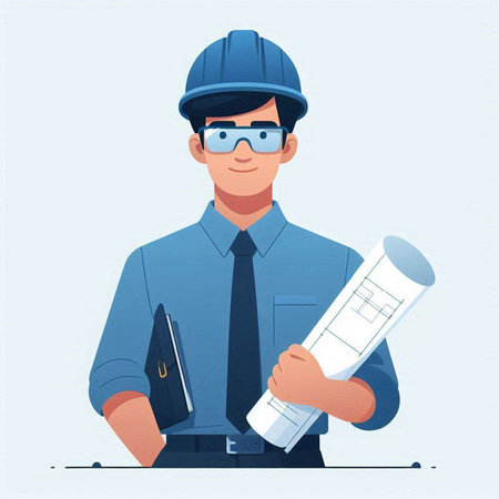 Architect or engineer with blueprints. Vector illustration in cartoon styleのイラスト素材
