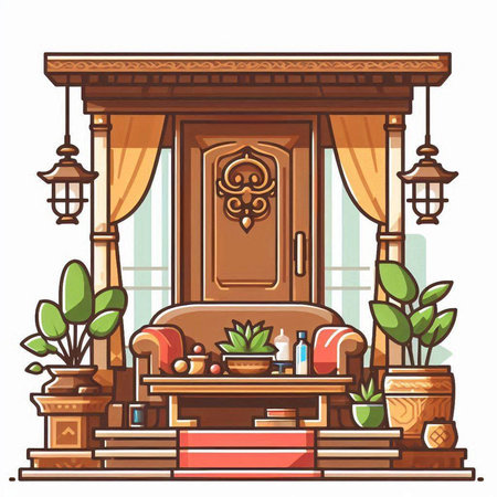 Living room interior with furniture and plants. Vector illustration in cartoon style.のイラスト素材
