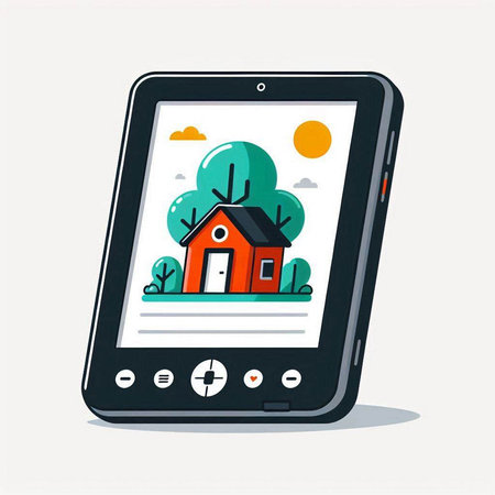 Smartphone with house and trees on the screen. Vector illustration.のイラスト素材