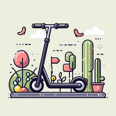 Vector illustration of scooter in flat line style with cactus and flower.のイラスト素材