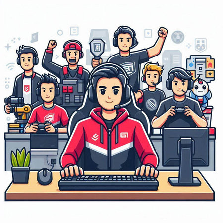 Cartoon vector illustration of gamer boy playing video games on computer.のイラスト素材