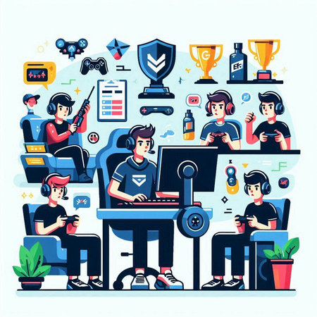 Vector illustration with young people playing video games. Social media concept.のイラスト素材